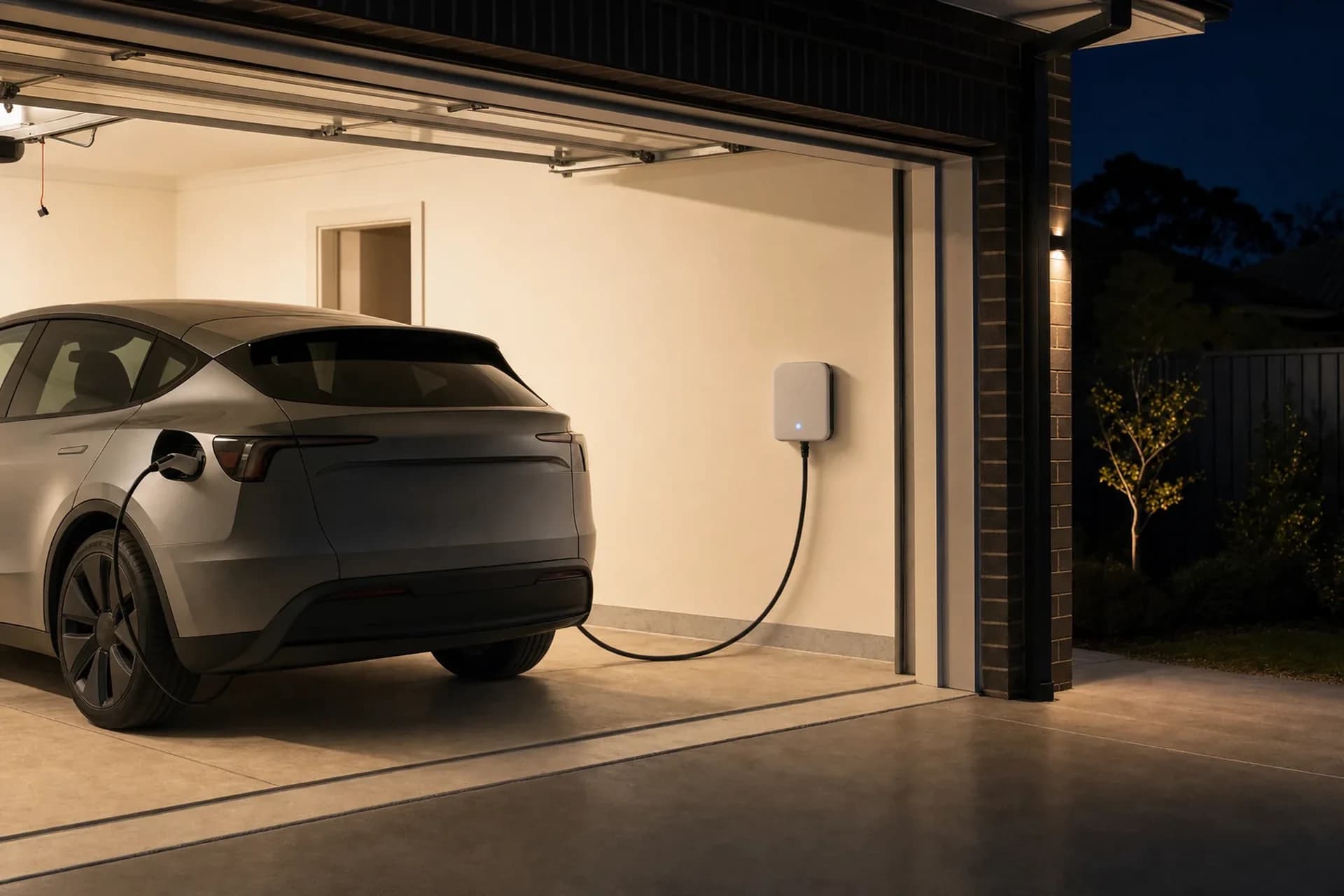 An electric car plugged into a home wall charger overnight with the charging status light showing