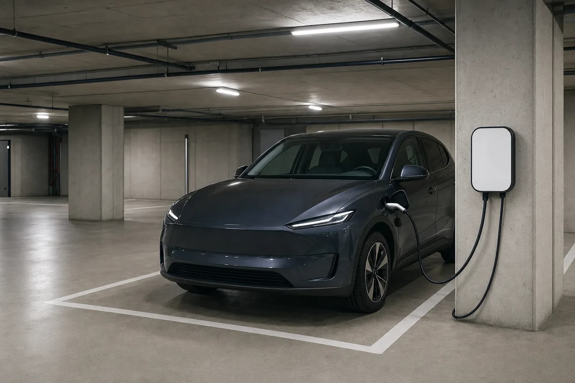 A basement car park in a Gold Coast apartment building with a wall mounted EV charger beside a marked bay