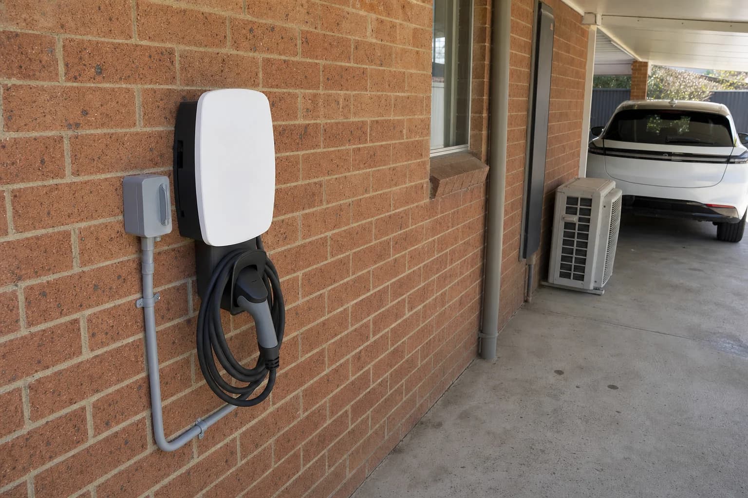 A wall mounted EV charger and its AC isolator installed under a carport
