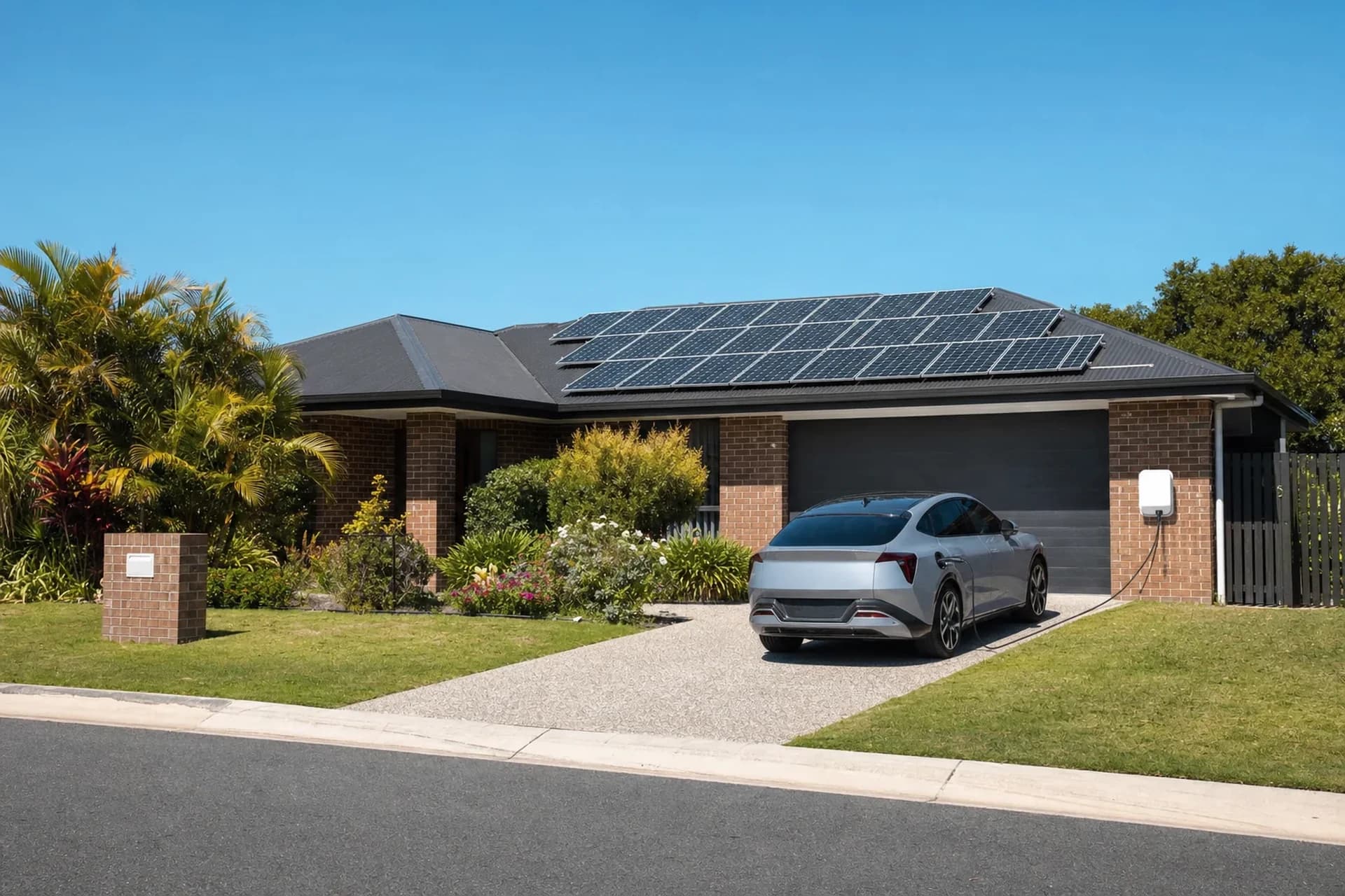 A Queensland home with rooftop solar panels and an electric car charging in the driveway in midday sun