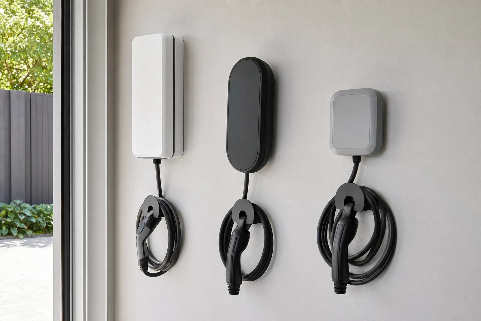 Three wall mounted EV chargers of different brands installed side by side on a garage wall for comparison