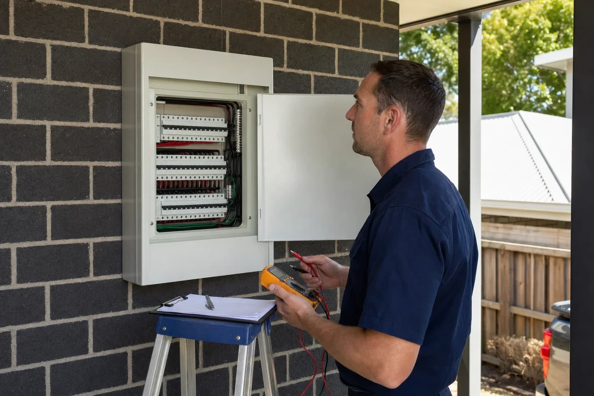 An electrician checking a residential switchboard with a meter in hand before quoting an EV charger installation