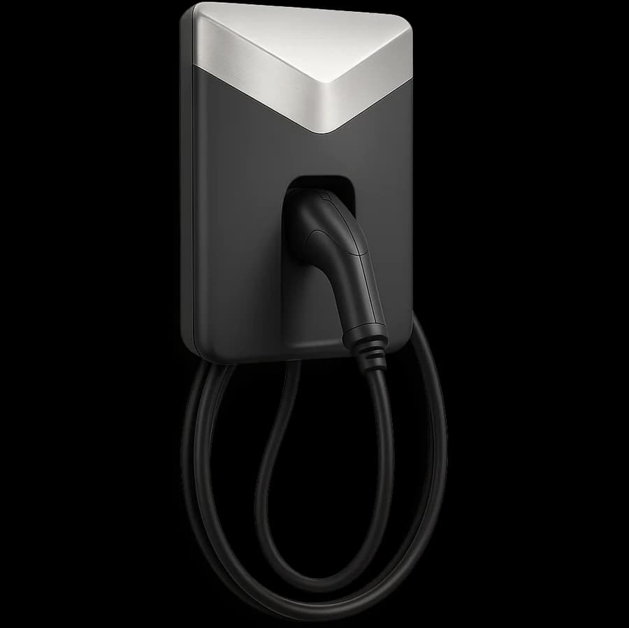 GoodWe HCA G2 EV charger, a dark unit with a brushed silver chevron cap and a holstered gun