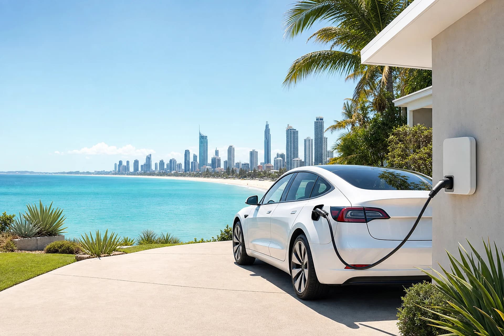 An electric car charging from a wall mounted charger at a Gold Coast home