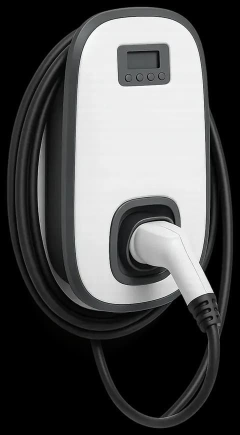 myenergi zappi EV charger, a white wall unit with a small screen and its cable wrapped around it
