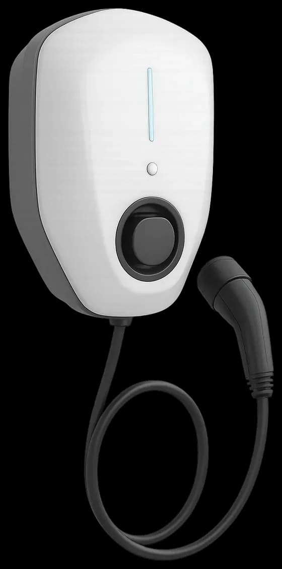 Ocular IQ Home Solar EV charger, a white shield shaped wall unit with a blue light strip