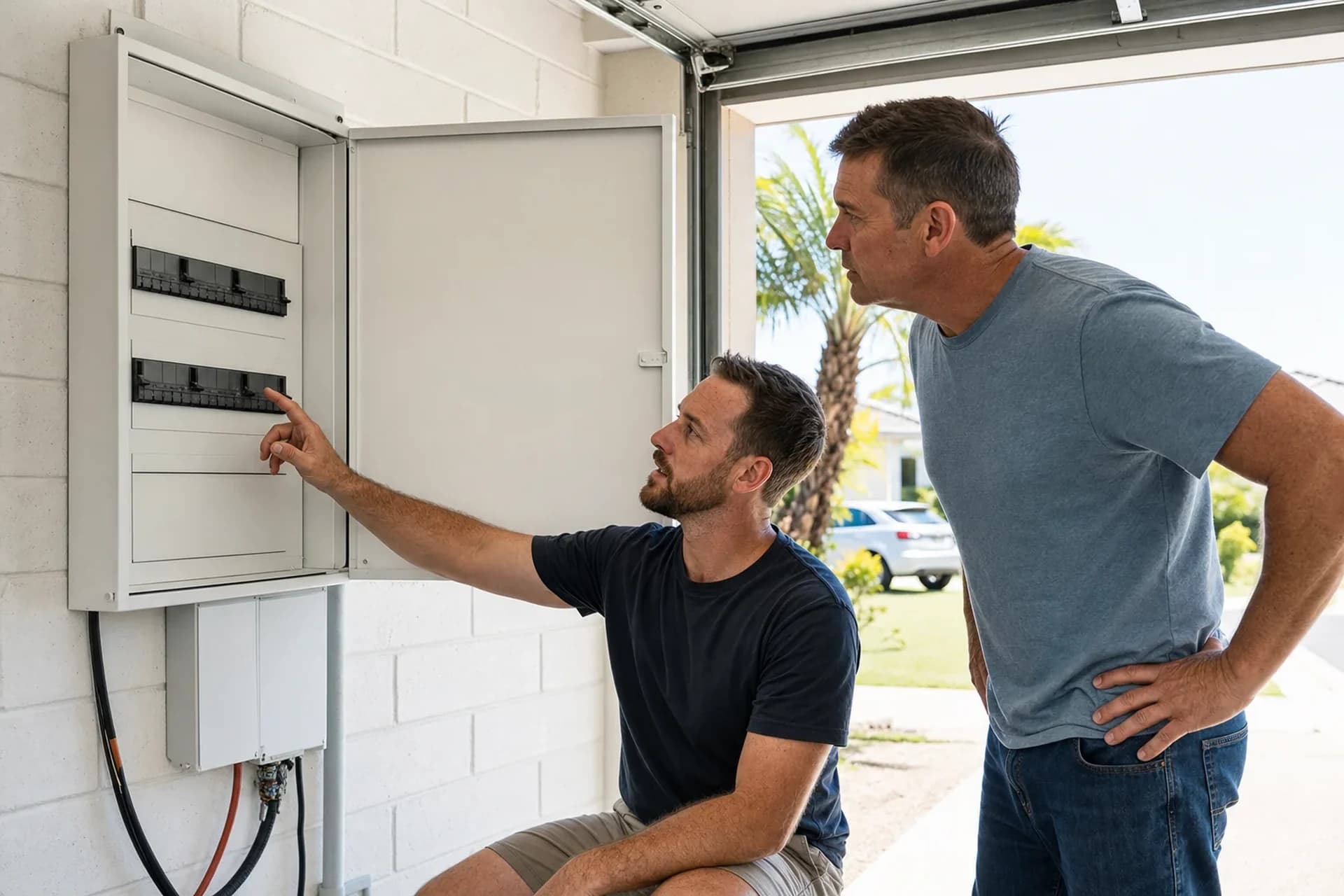 An electrician pointing out the circuit breakers inside an open switchboard while a homeowner looks on