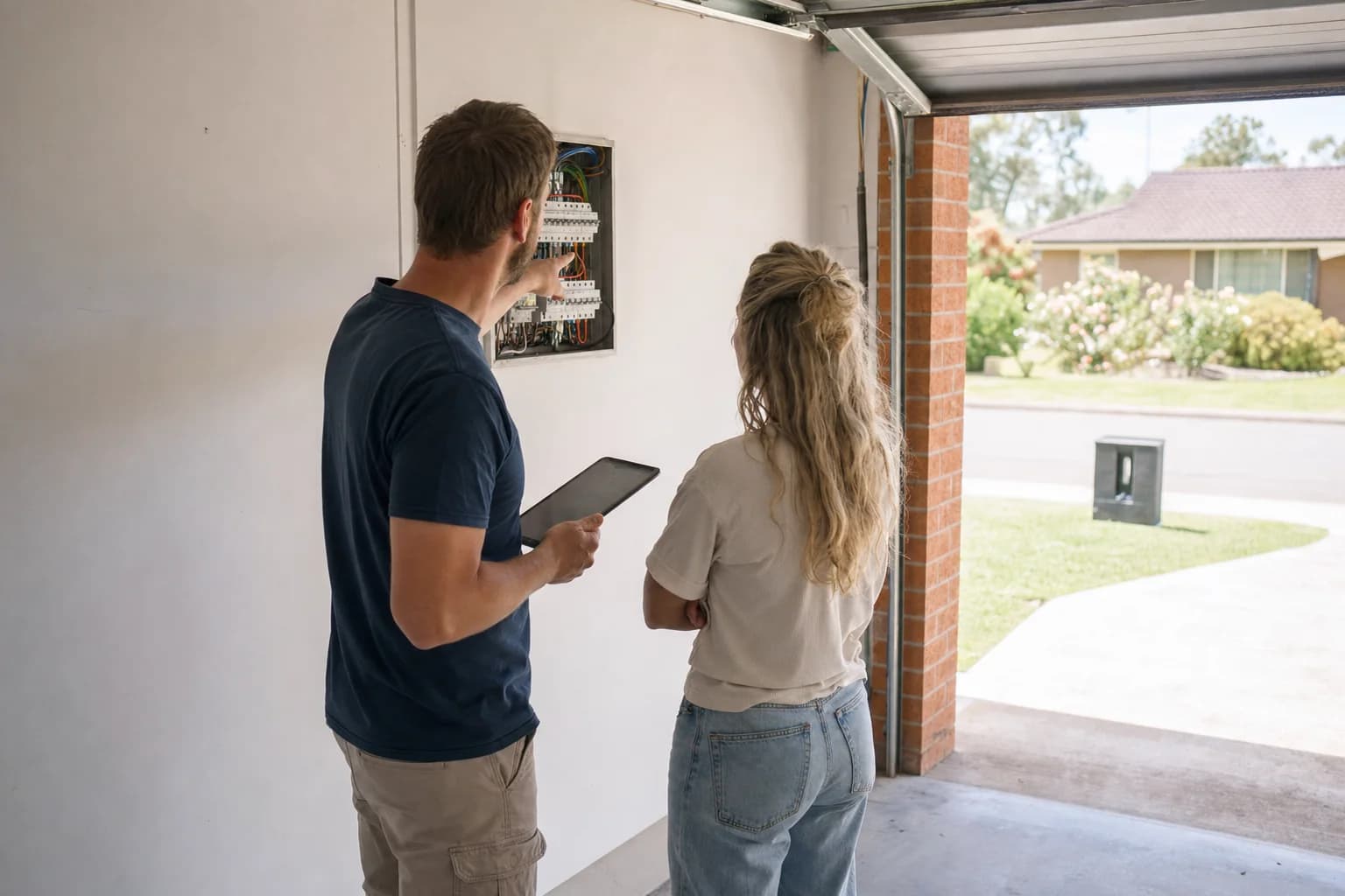 Two people reviewing a domestic switchboard in a garage before an EV charger installation