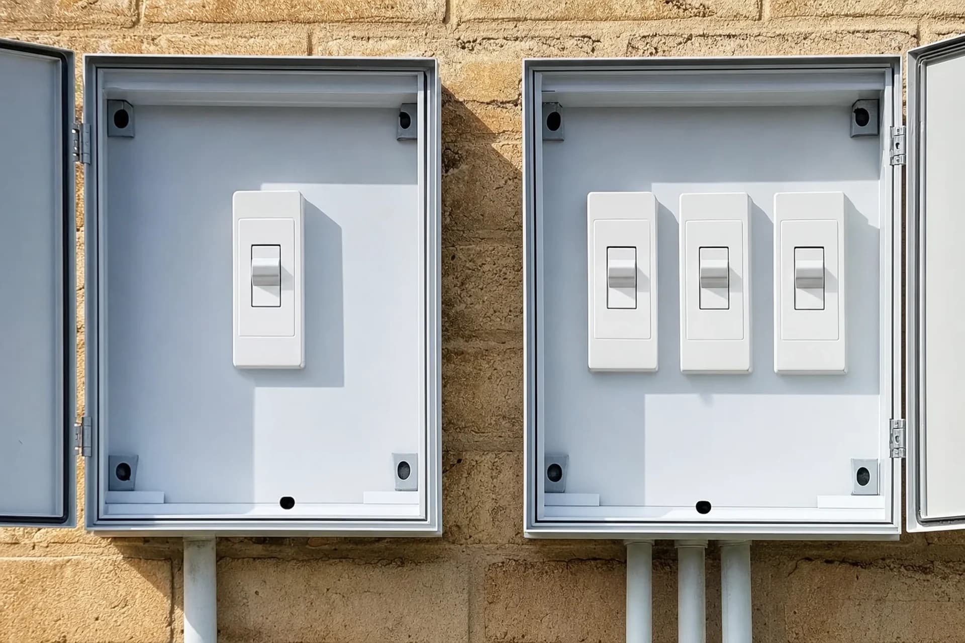 Two meter boxes side by side, one with a single phase main switch and one with three phase main switches