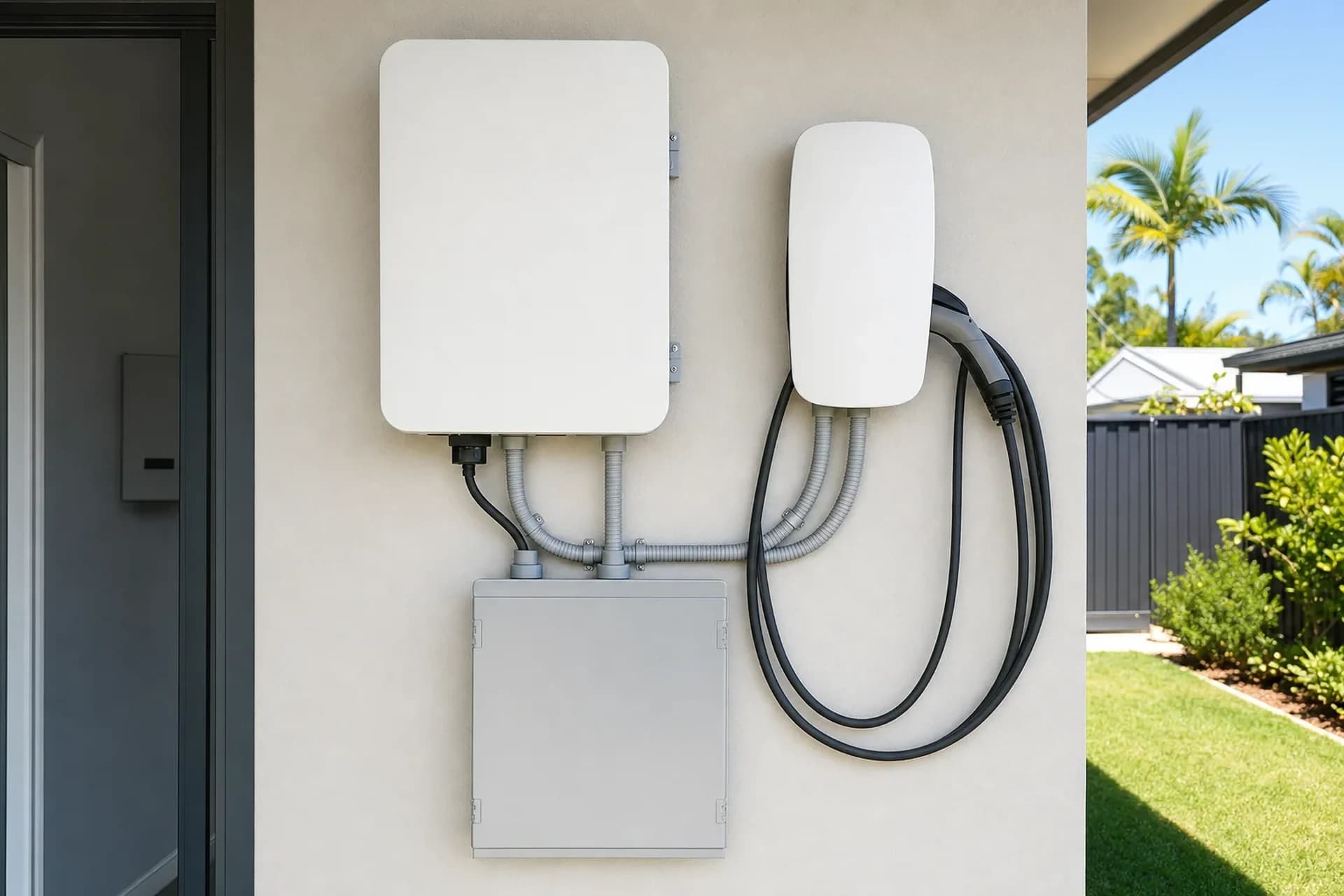 A wall mounted solar inverter beside an EV charger in a garage, wired to communicate with each other