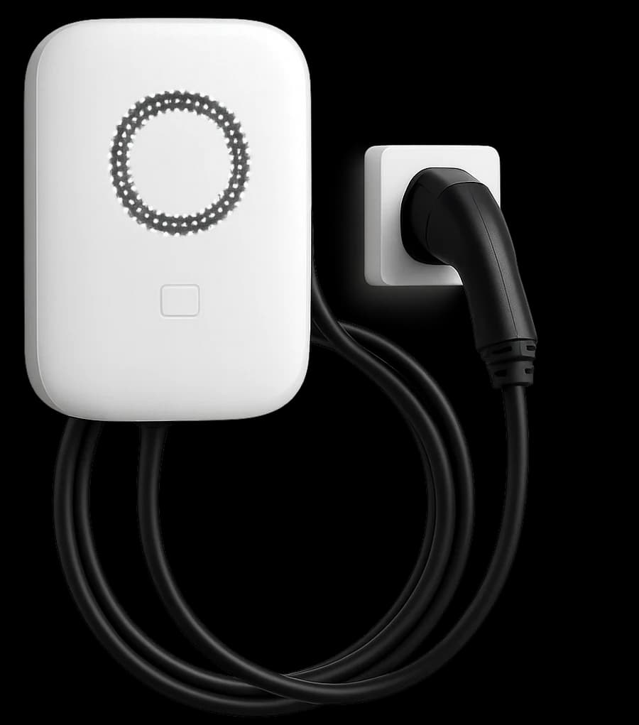 Sungrow AC22E EV charger with its ring indicator and a separate Type 2 plug holster
