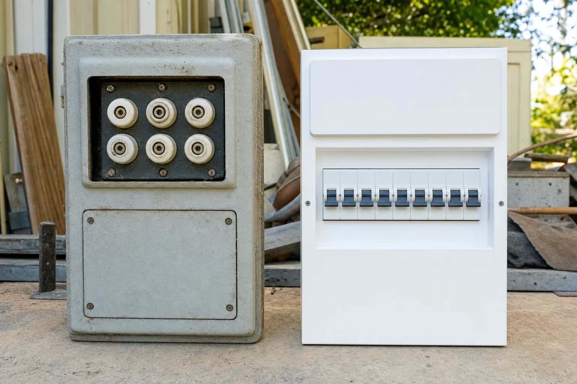 An older residential switchboard with ceramic fuses beside a modern board fitted with circuit breakers and safety switches