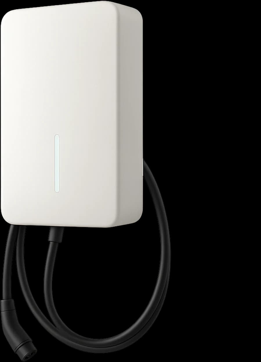 Tesla Wall Connector, a tall white wall mounted EV charger with a green status light
