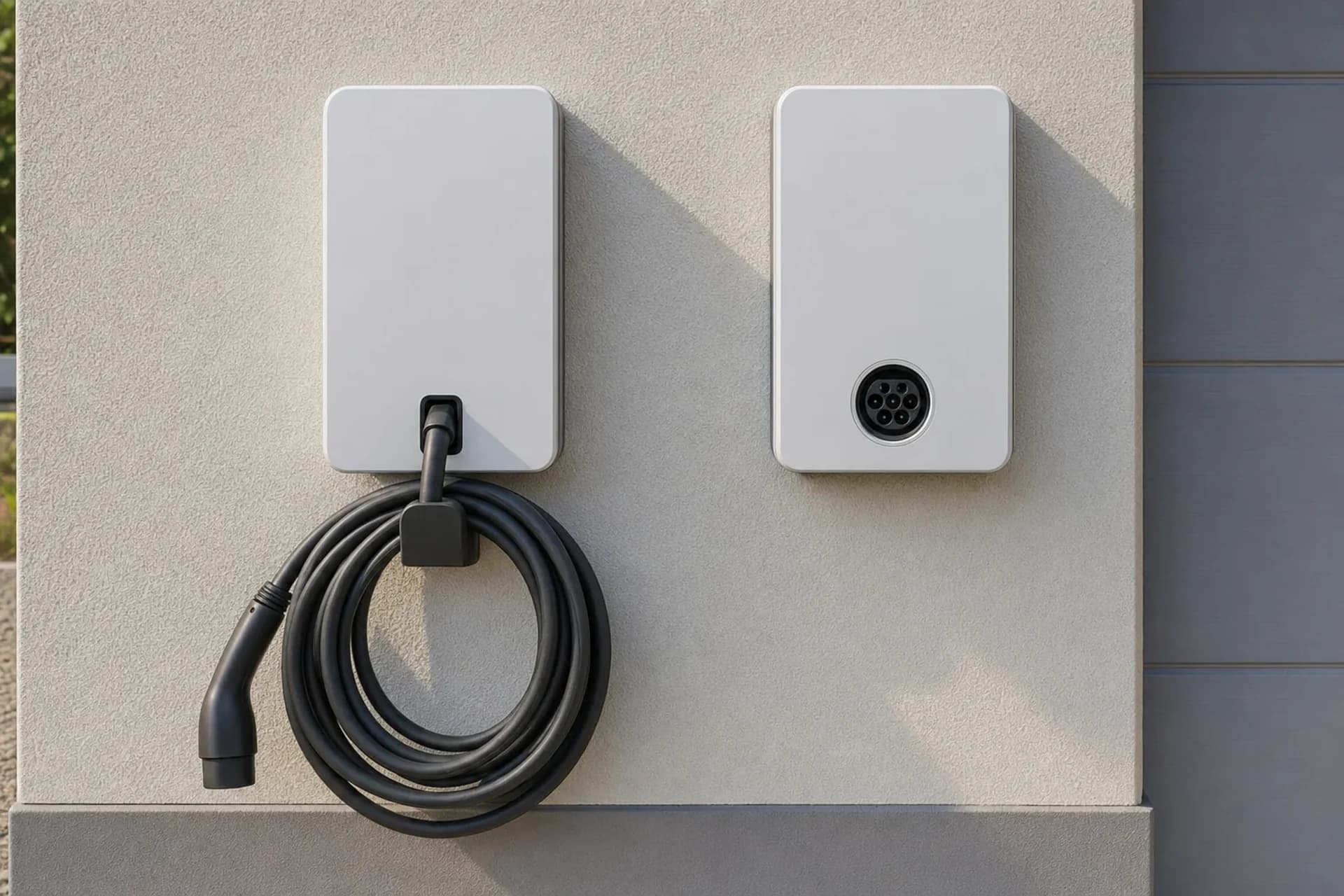 A tethered EV charger with its cable permanently attached beside a socketed charger with a bare Type 2 outlet